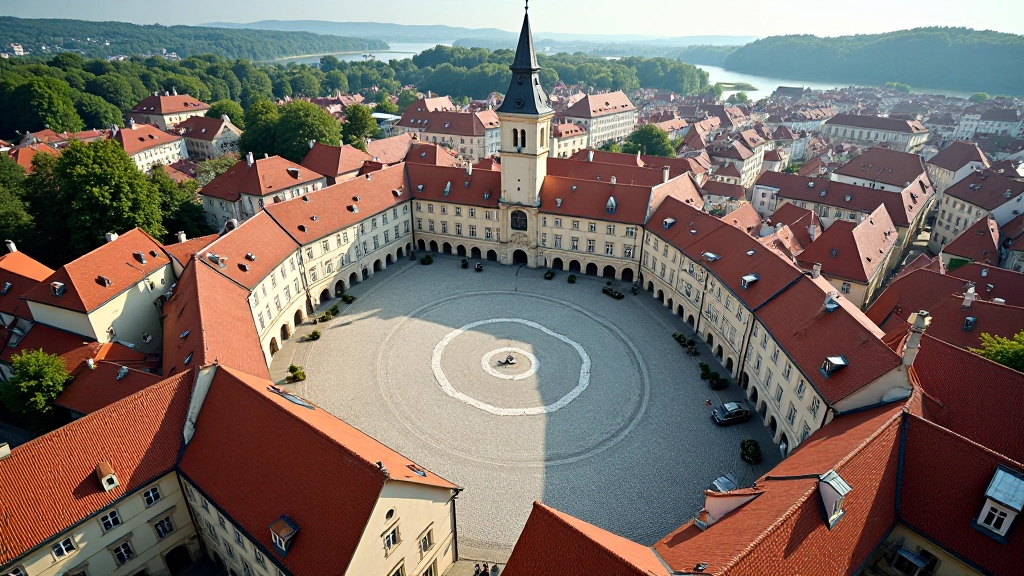 Aerial view of medieval town showing circular street layout with central square and surrounding buildings, historic urban pattern