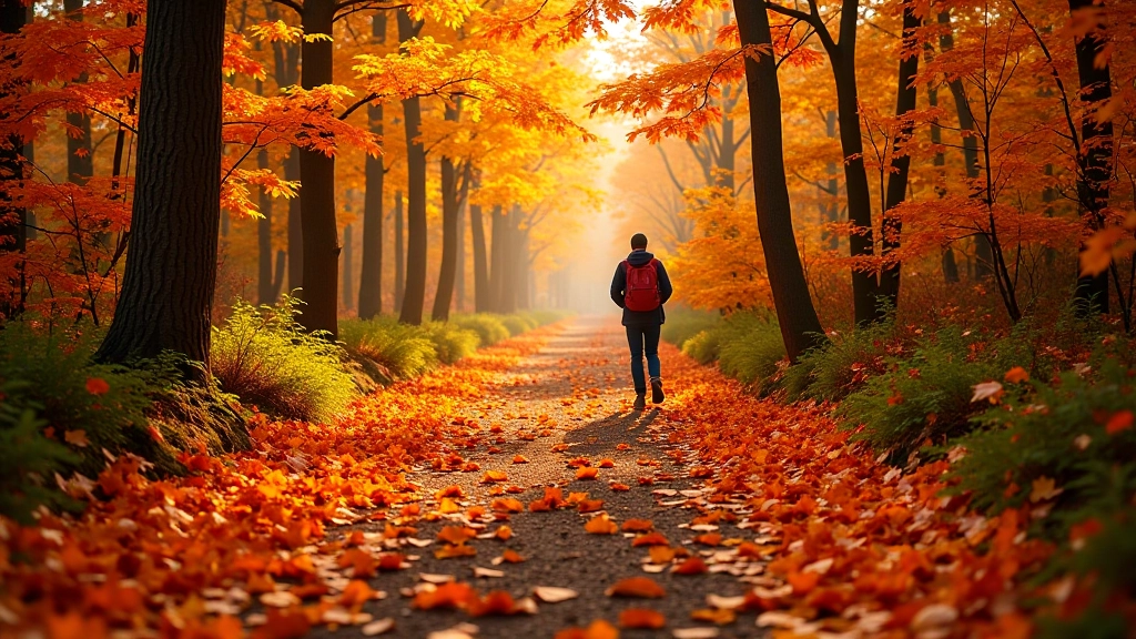 Autumn forest path covered with golden fallen leaves with trees displaying vibrant red and orange foliage