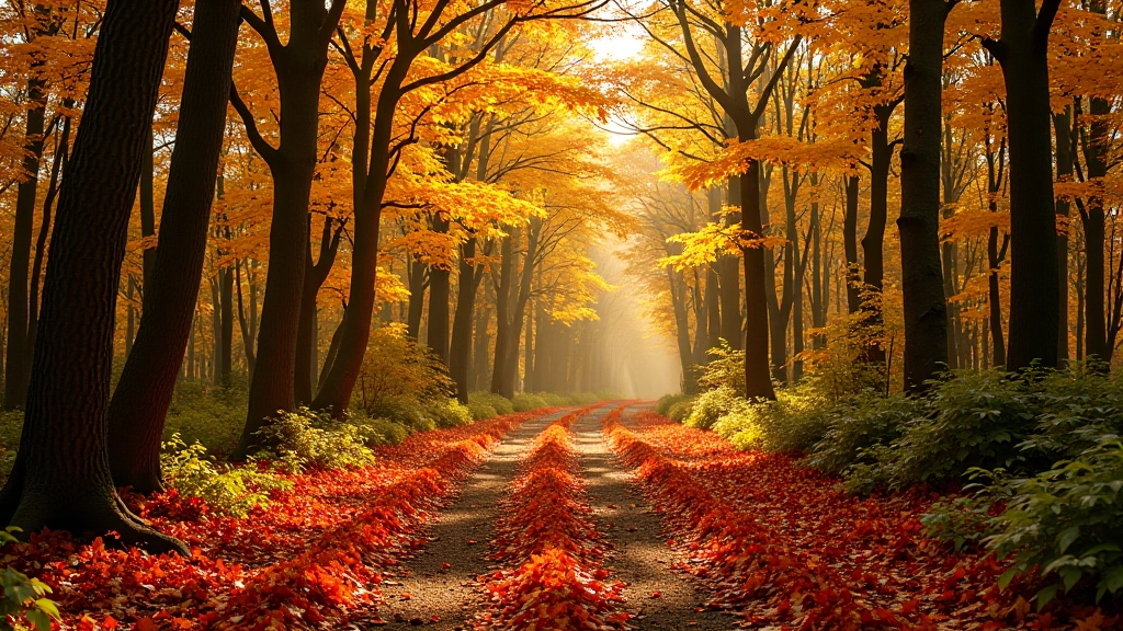 Autumn forest with golden and orange foliage, showing seasonal colors in a wooded natural setting