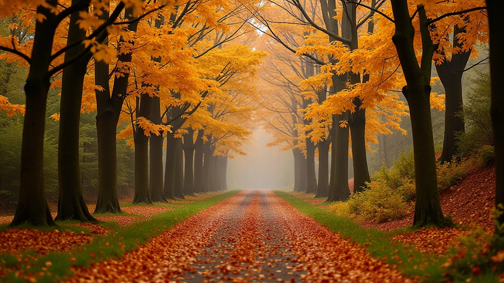 Autumn forest scene with golden and orange leaves covering forest floor and hanging from beech trees