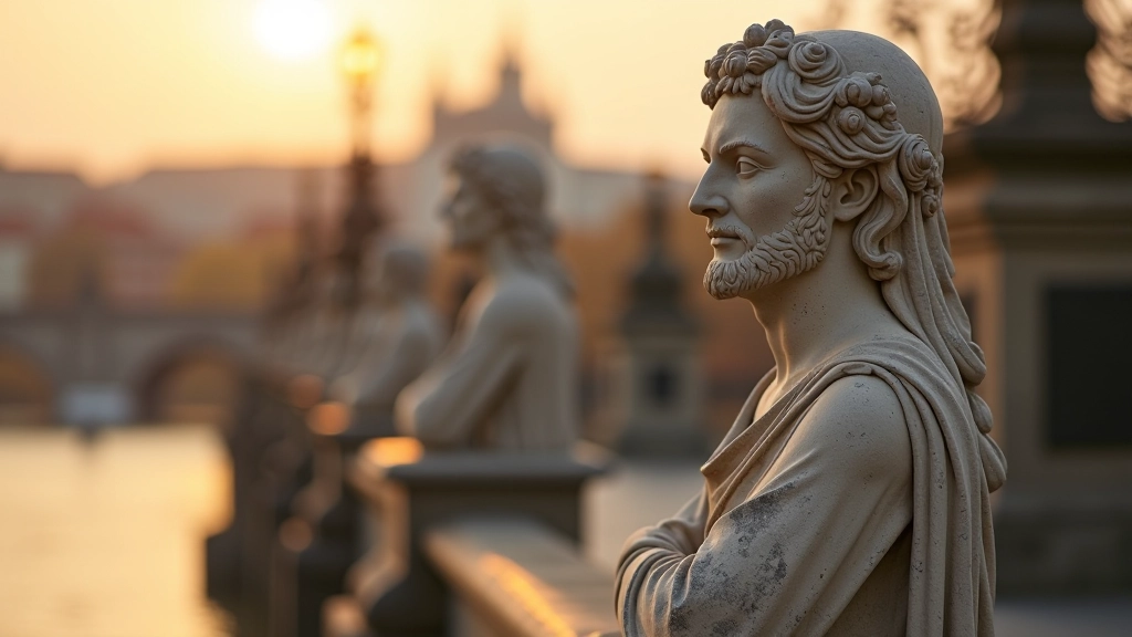 Close-up view of stone statues on Charles Bridge with intricate carved details and weathered surfaces showing centuries of Prague history