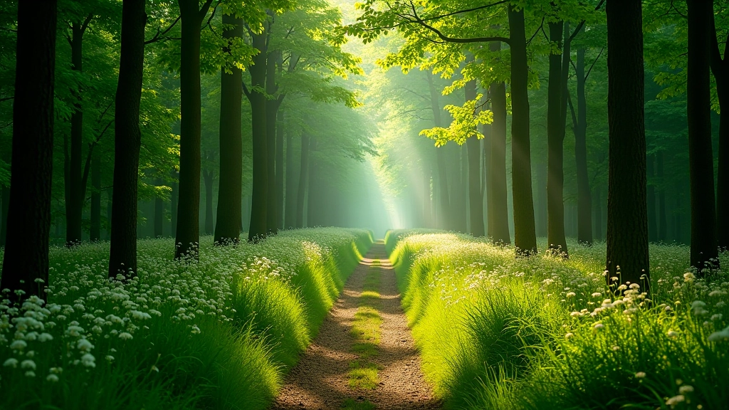 Forest path through green trees with wildflowers and natural scenery