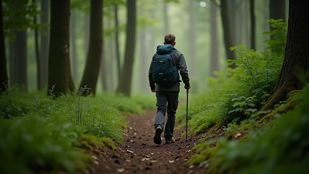 Hiker ascending forest trail with steep path and dense trees on both sides, showing elevation change
