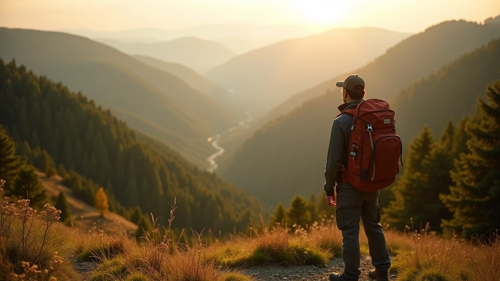 Experienced hiker pausing on a mountain trail to take in expansive views of the forested valley landscape below