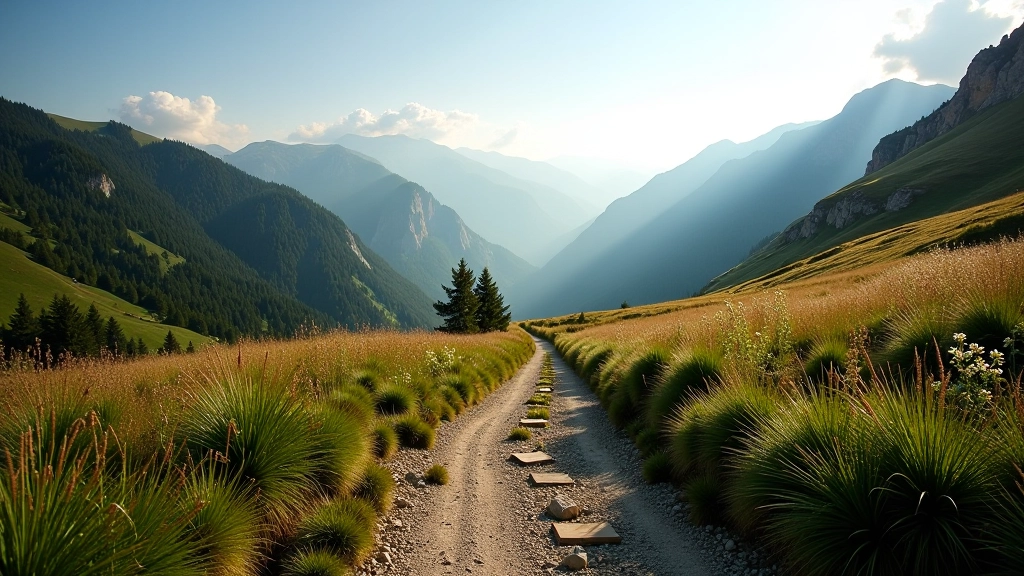Scenic mountain landscape with rolling hills and forest trails winding through green valleys