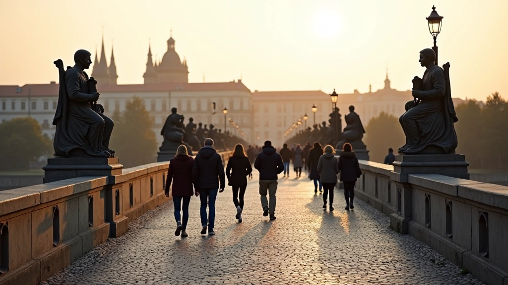 Historic Prague bridge with stone architecture spanning across river
