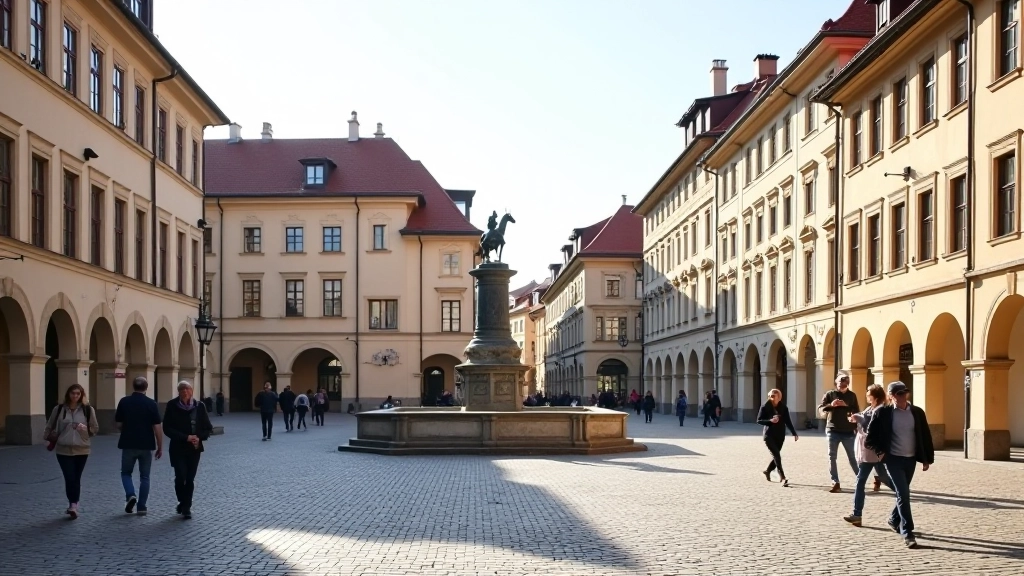 Historic town square with Renaissance buildings and central fountain, tourists walking across cobblestones in afternoon light