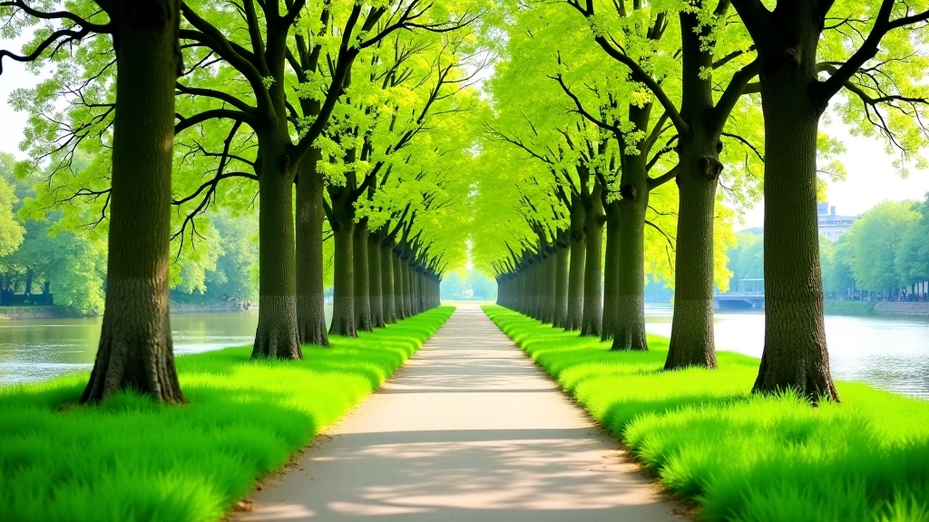 Kampa Island gardens with trees and pathways, showing the peaceful waterfront area between two branches of the Vltava River