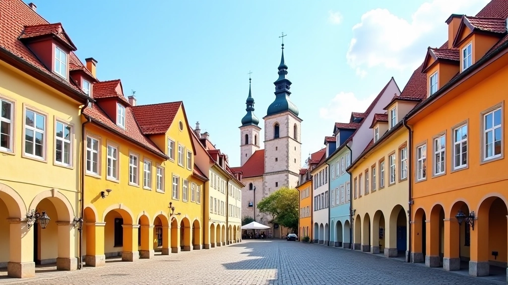 Historic town square with colorful buildings and medieval architecture