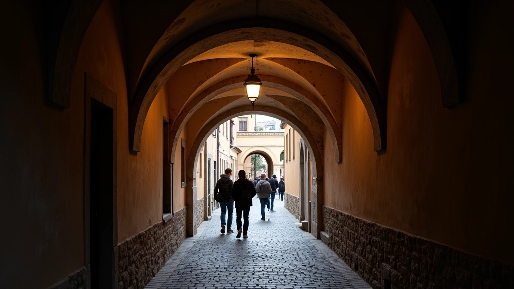 Arched passageway through medieval stone building connecting two streets, dim interior lighting, tourists walking through passage