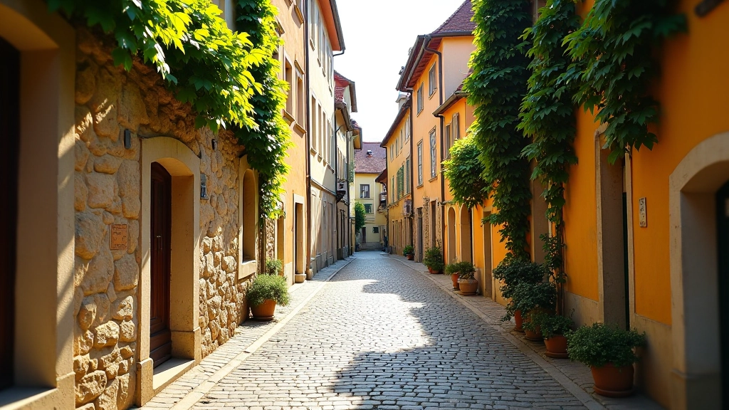 Narrow medieval cobblestone street with historic stone buildings on both sides, golden afternoon light casting shadows between buildings
