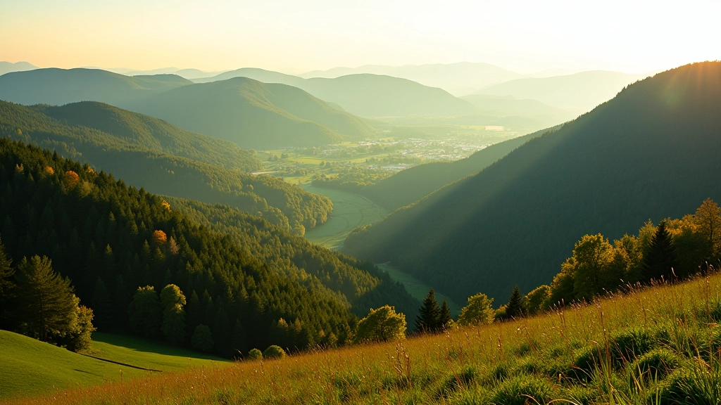 Panoramic view of rolling Bohemian hills with dense green forests and distant villages in misty valley
