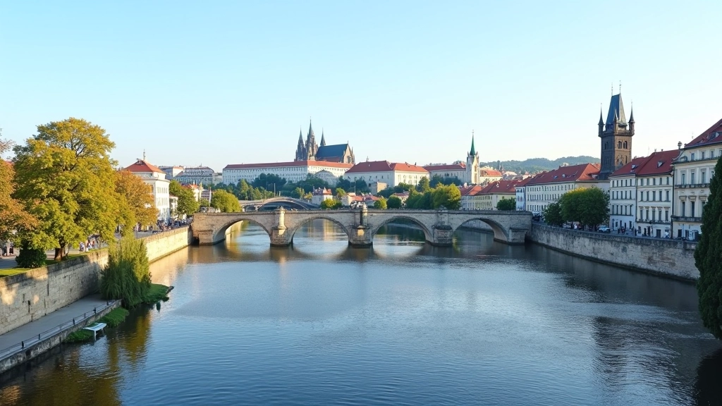 Prague skyline showing multiple bridges spanning the Vltava River with historic buildings and church spires in the background