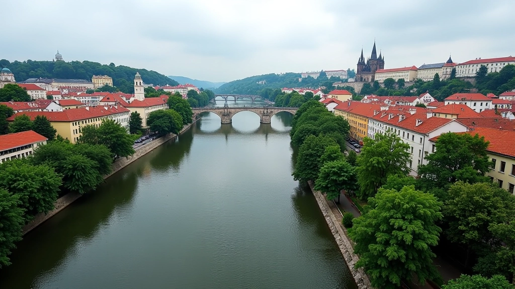 Vltava River flowing through Prague with bridges and city architecture visible along the waterfront