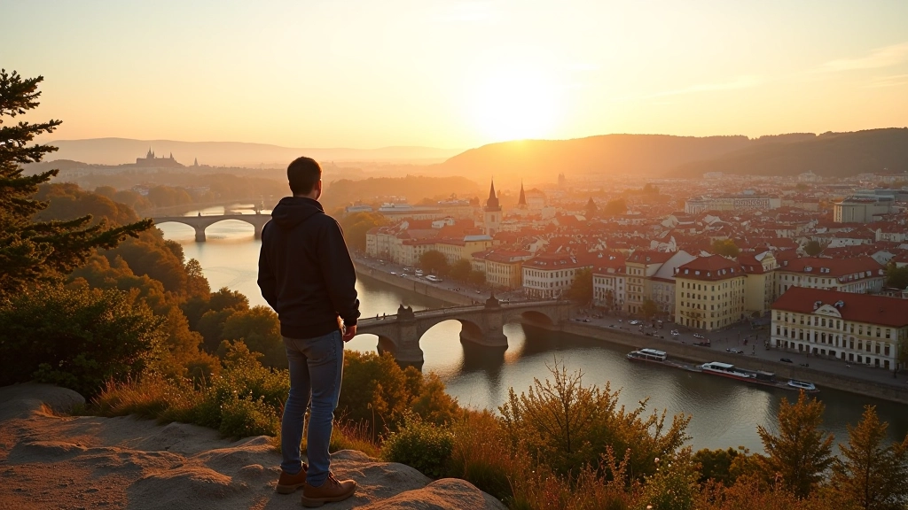 Breathtaking panoramic view of Prague from a scenic hiking trail overlooking the Vltava River and historic Charles Bridge