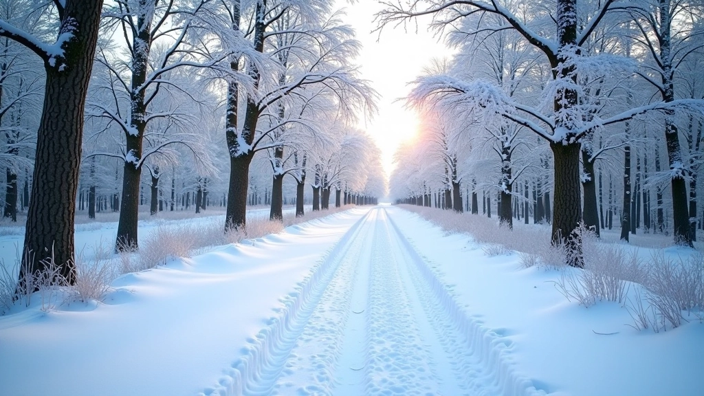 Winter forest trail with snow covering the ground and frost on tree branches creating white patterns
