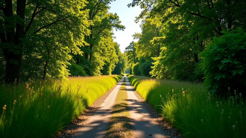Summer trail surrounded by lush green trees with dappled sunlight and warm afternoon light
