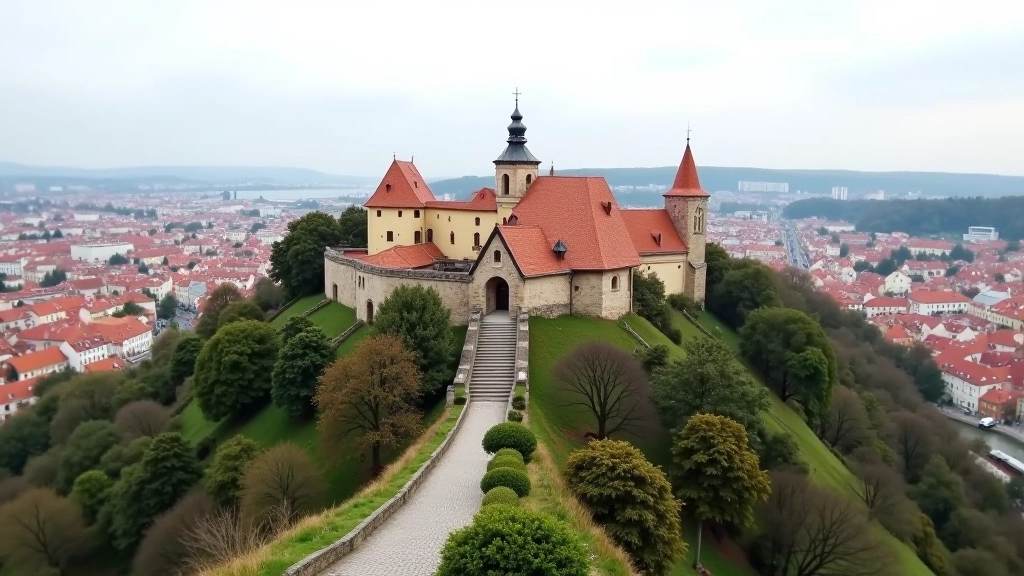 Vyšehrad fortress on a hilltop overlooking Prague with fortification walls and historic buildings visible against the skyline