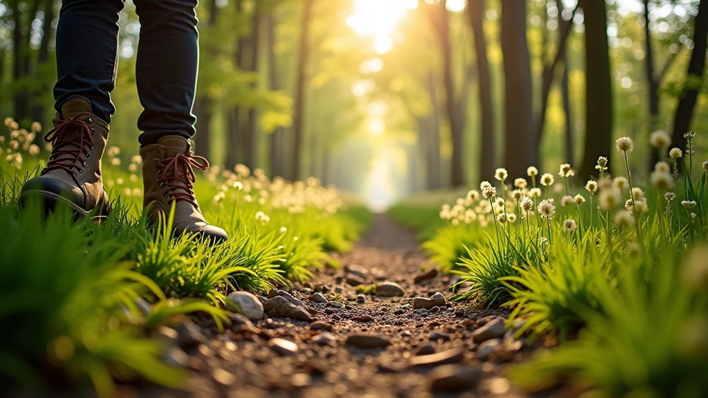 Spring forest path with fresh green leaves emerging on trees and wildflowers blooming on the forest floor